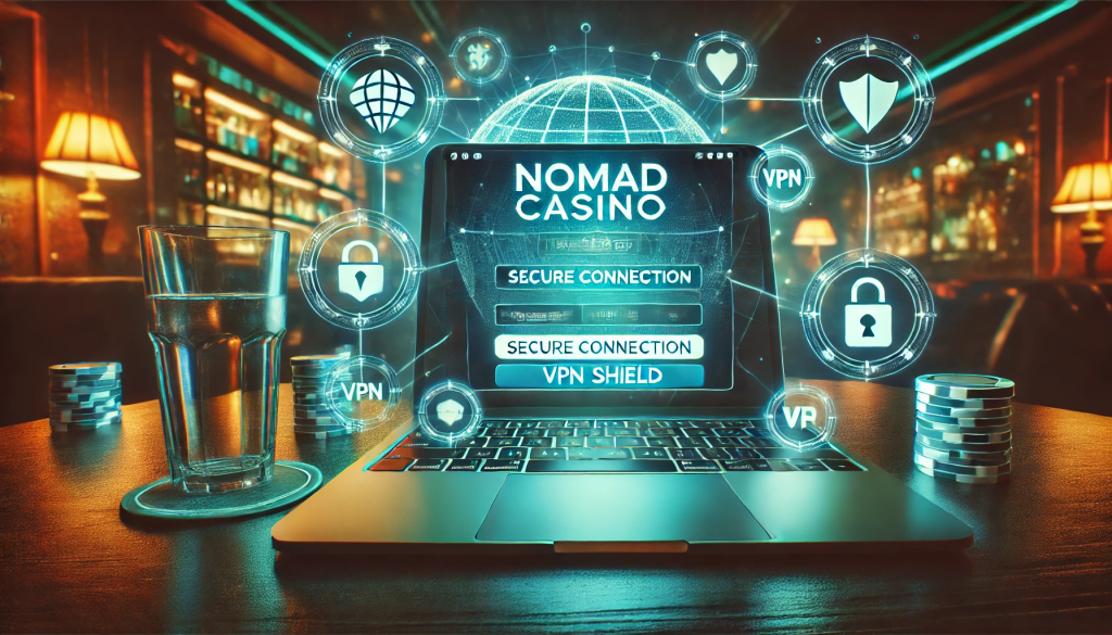 Компьютер на столе в баре, с открытым сайтом Nomad Casino чрезе vpn